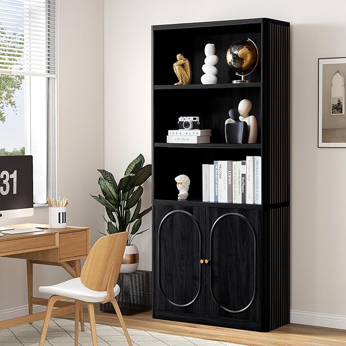 70" Tall Bookshelf, 5 Tier Large Wood Bookcase with Doors, Modern Floor Standing Bookshelves and Bookcases, Open Display Shelves with Storage Cabinet for Living Room, Bedroom, Classroom, Office, Black