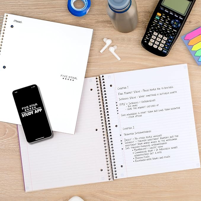 Five Star Spiral Notebook + Study App, 3 Subject, College Ruled Paper, 8-1/2" x 11", 150 Sheets, Fights Ink Bleed, Water Resistant Cover, White (72464)