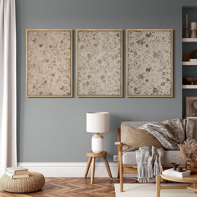 MUDECOR Framed Wall Art Print Set Vintage Floral Botanical in Neutral Tones Illustrations Realism Decorative for Living Room, Bedroom, Office - 24"x36"x3 Natural
