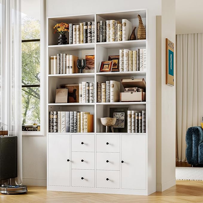 IRONCK 78.7" Bookcase with 6 Drawers, 6 Tier Large Bookshelf with 2 Doors, Large Bookcase with Adjustable Shelves, Tall Storage Cabinet for Home Office, Living Room, White