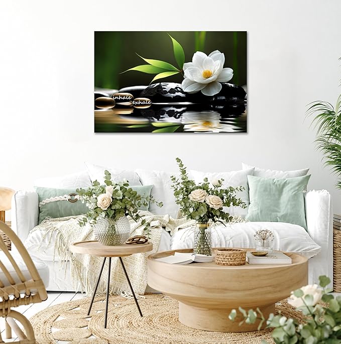 YIOZHAOFH Lotus Flower Wall Art Zen Canvas Inhale Exhale Poster Black Spas Nature Prints Pictures for Meditation Wall Decor Framed Artwork Ready to Hang (20.00" x 30.00")
