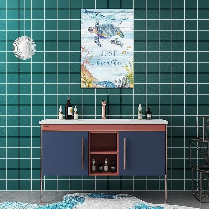 yerretin Nautical Sea Turtle Wall Art Ocean Just Breathe Pictures Wall Decor Beach Canvas Painting Modern Artwork Home Decoration for Bathroom Living Room Bedroom Office Framed 16"x24"