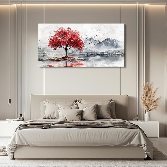 QIYILEXWART Large Wall Decor For Living Room Canvas Wall Art For Office Modern Wall Decorations For Bedroom Red Tree Landscape Painting Farmhouse Pictures Artwork Room Home Decor 24x48 In