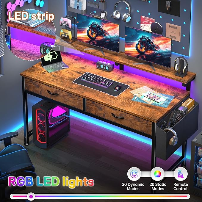 47.3Inch Office Computer Desk with LED Lights & 2 Fabric Drawers, Gaming Desk with Side Pocket & Ergonomic Monitor Stand, Small Space Study Writing Table with Anti-Tip Design, Rustic Brown