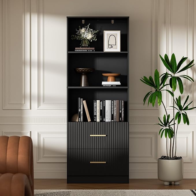 Black Bookshelf with Drawers, 63" Tall Bookshelf with Storage, 3 Shelf Modern Bookcase with Adjustable Shelf, Open Shelves Bookcase, Unique Book Shelf forHome Office, Living Room, Black
