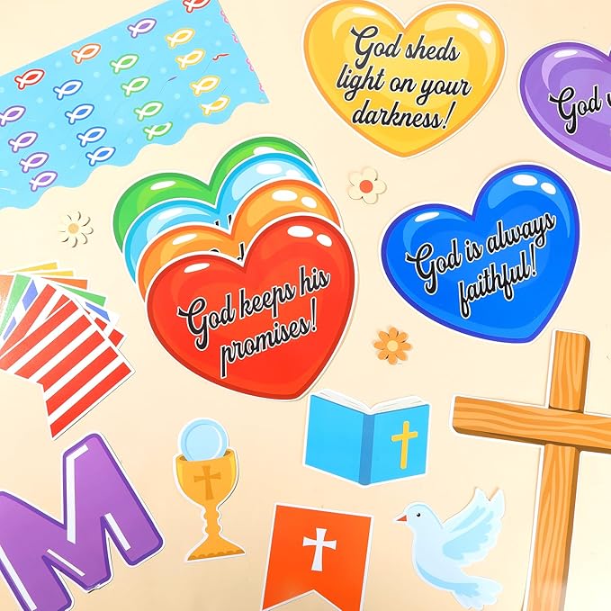 gisgfim Christian Bulletin Board Decorations Set Religious God’s Promises Paper Cutouts Colorful Heart Bible Bulletin Board Decor for Classroom Christmas Sunday School Chalkboard Wall