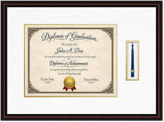 Diploma Frame with Tassel Holder 24.25 x 18 Executive Brown Shadowbox Oyster Shell Over Gold Mat - Fits 14 x 11 Degree Made in the USA