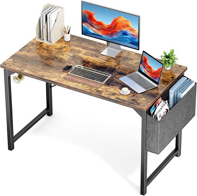 OLIXIS 47 Inch Computer Office Desk for Small Spaces, Writing Gaming Work Desk Modern Study Table with Storage Bag & Headphone Hook Home Bedroom, Rustic Brown