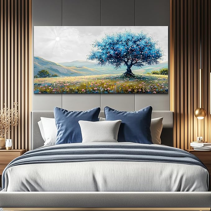 FUHAIHUA Canvas Wall Art For Living Room Large Wall Decor For Office Bedroom Decorations Pastoral Landscape Pictures Blue Tree Painting Artwork Modern Room Wall Mural Aesthetic Home Decor 30x60 In