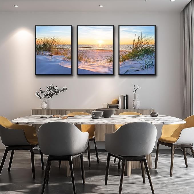 Black Framed Beach Wall Art Set - Blue Seascape Paintings for Living Room, Bedroom & Office - 12"X16" Each