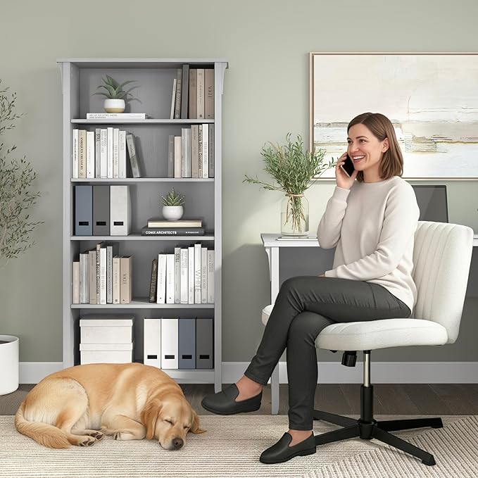 Bush Home Salinas 5 Shelf Bookcase in Cape Cod Gray, Tall Bookshelf, Large Book Shelf for Living Room, Home Office, or Entryway