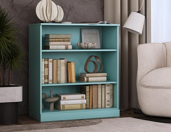 Palace Imports Solid Wood Bookcase - 3 Tier Floor Standing Bookshelf - 36" Short Storage Shelf, 32” Wide - Aqua, Display Furniture for Living Space, Renewable 100% Eco-Friendly Wood, Made in Brazil