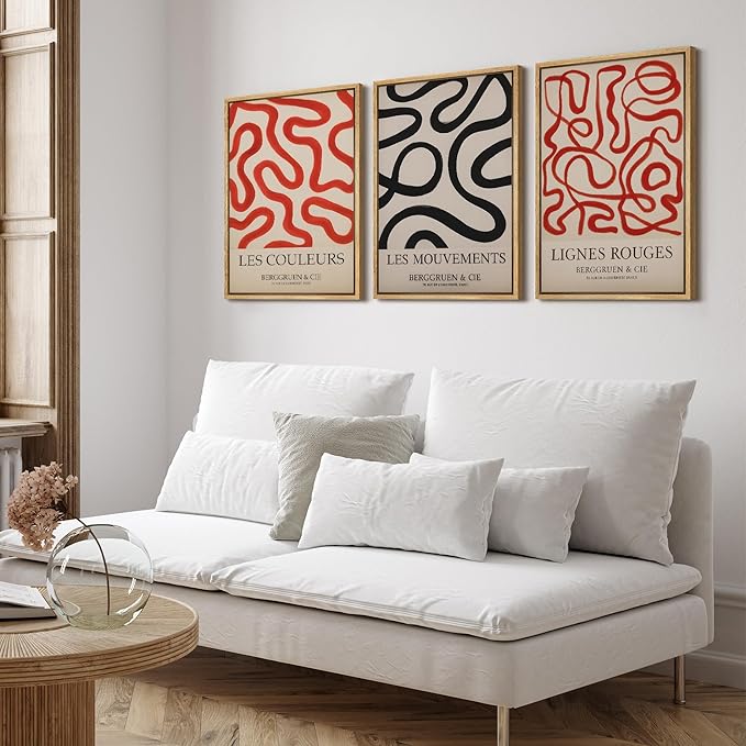 SIGNFORD Framed Wall Art Print Set French Modern Abstract Line Red and Black Curved Shapes Digital Art Modern Art Contemporary for Living Room, Bedroom, Office - 24"x36"x3 NATURAL