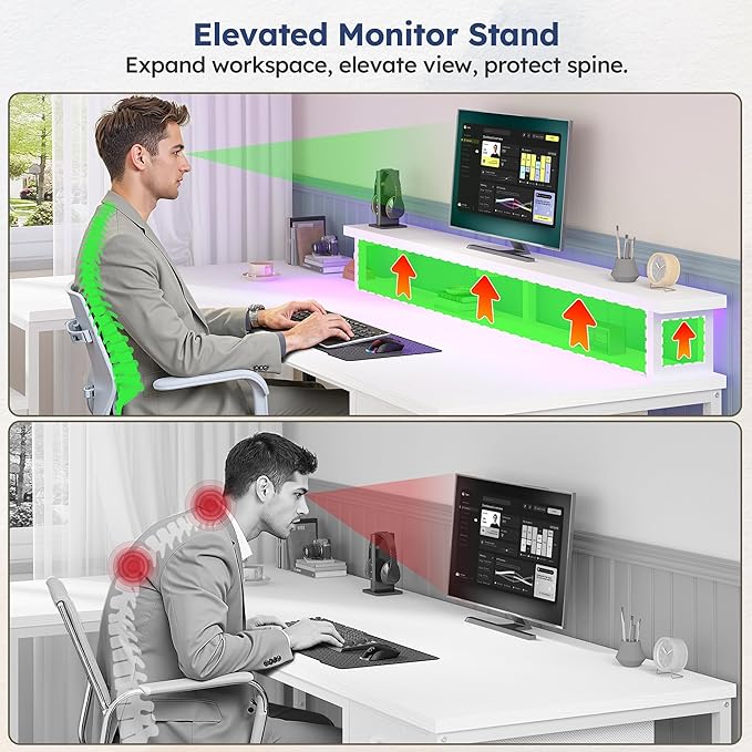 96.5'' Computer Desk with Drawers, Gaming Desk with LED Lights & Monitor Shelf, Office Desks with Power Outlets, L Shaped White Corner Desks for Home Office, Study Room and Bedroom, White