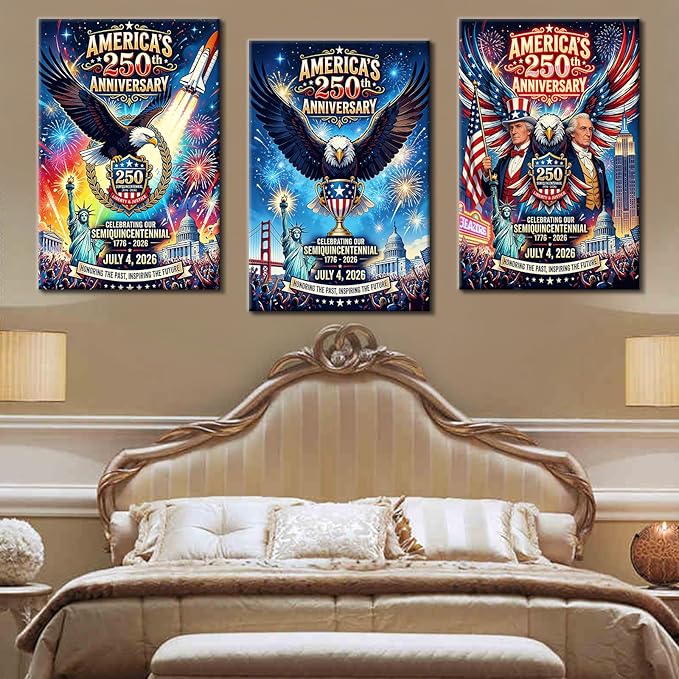 DINGFUN Semiquincentennial 3 Panel Canvas Art, USA 250th Anniversary Patriotic Wall Decor, 1776-2026 American Flag Eagle Framed Painting for Home Bedroom and Office Decor, 48x24 Inch