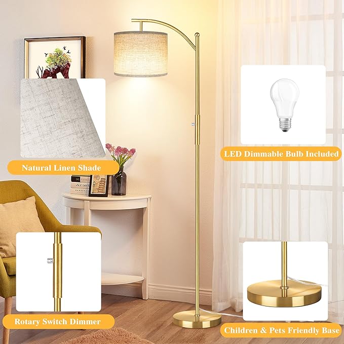 ROTTOGOON Dimmable Floor Lamp, Arc Floor Lamps for Living Room, Stepless Dimming Modern Standing Lamp with Linen Shade, Tall Lamp for Bedroom Office Dining Room- Brushed Gold