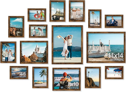 decorUhome Assorted Picture Frames Collage Wall Decor for Photo Gallery Display Set of 16 Including Two 11x14 / Two 8x10 / Six 5x7 / Six 4x6 for Family Wall Decor, Distressed Brown, 16 Pack