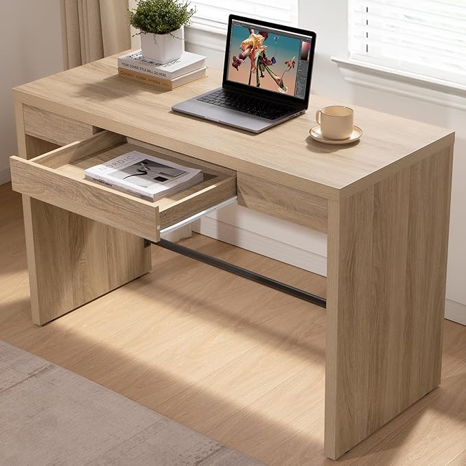 SICOTAS Computer Desk Writing Table - 47-Inch Wooden Study Desk for Bedroom, Farmhouse Home Office Desk with Drawer, Boho Makeup Vanity Table for Dormitory (Reclaimed Light Oak, 1 Piece)