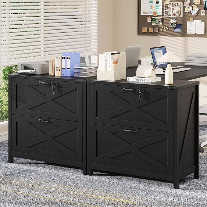 Farmhouse File Cabinet, Lateral Filing Cabinet with 2 Drawers with Lock for Letter/A4 Size Hanging Files, Large Wooden Printer Stand File Storage Cabinet for Home Office, Rustic Black
