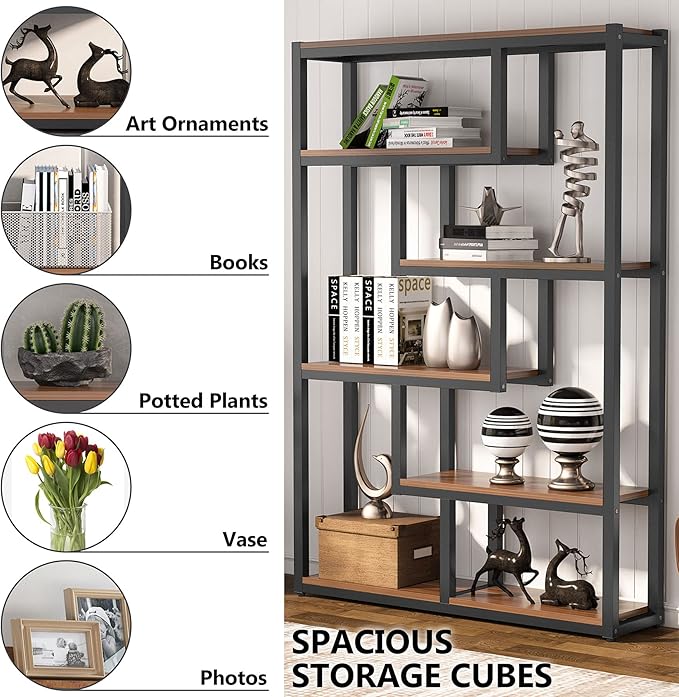 Tribesigns Way to Origin 6-Shelf Industrial Bookshelf, Vintage Etagere Bookcase, 69 Inch Tall Storage Display Staggered Shelves with Sturdy Metal Frame for Home Office, Dark Walnut & Black