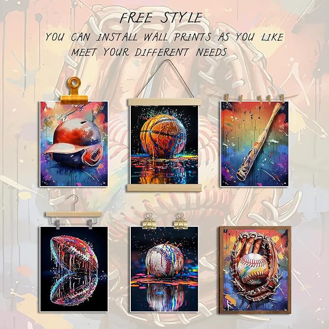 Basketball Baseball Sports Canvas Wall Art Set of 6, Vintage Graffiti Cool Posters Prints, Baseball bat American Football Wall Decor for Man Cave Dorm office Game Room Home Decor Gifts 8x10In Unframed