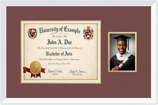 CountryArtHouse Fits 14 x 11 College Diploma (Modern) and 5 x 7 Photo Diploma and Photo Frame Bright White Genuine Hardwood with Dark Red Over Metallic Gold Double mat