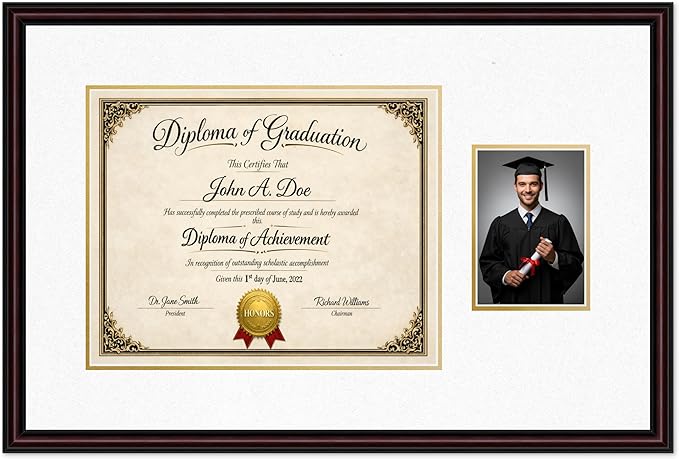 Diploma Frame With Photo Opening Executive Brown Oyster Shell Over Gold Mat - Fits 15 x 12 Degree and Picture Made in the USA