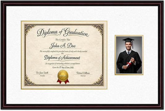 Diploma Frame With Photo Opening Executive Brown Oyster Shell Over Gold Mat - Fits 15 x 12 Degree and Picture Made in the USA