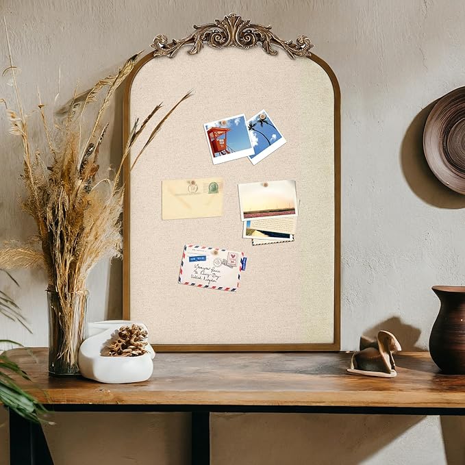 Vintage Framed Pin Board Linen Display Bulletin Board Large Cork Fabric Picture Photo Pinboard Memo Ornate Decorative Pinboard Ornate for Wall Gift(Arch,19" X 31",Retro Golden)