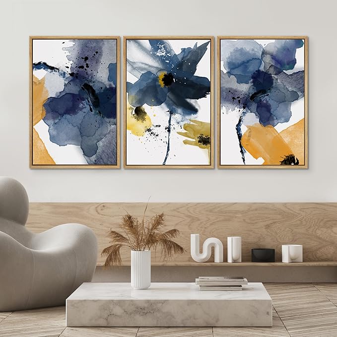 SIGNWIN Framed Canvas Wall Art Blue and Orange Blossoms Botanical Flower Watercolor Modern Art Tropical Relax/Calm for Living Room, Bedroom, Office - 16"x24"x3 Natural