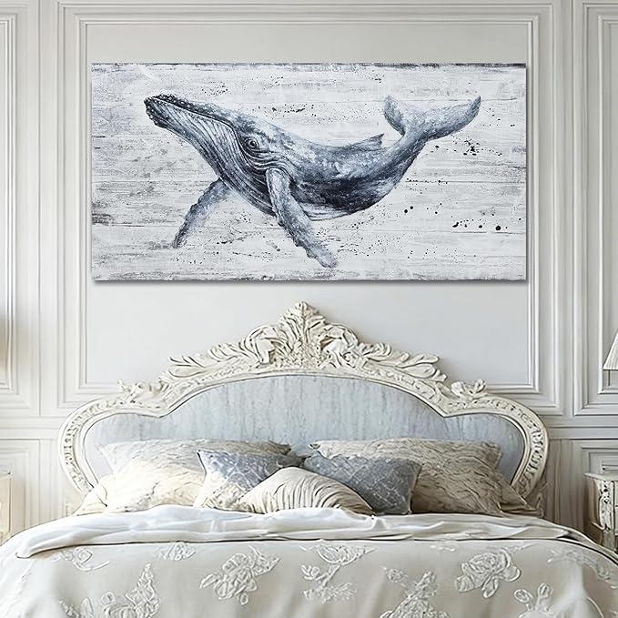 ZUNARE Modern Abstract Whale Canvas Wall Art Deep Blue Ocean Animal Posters Picture Minimalist Nautical Artwork for Living Room Bedroom Office Wall Decor 24x48 inch