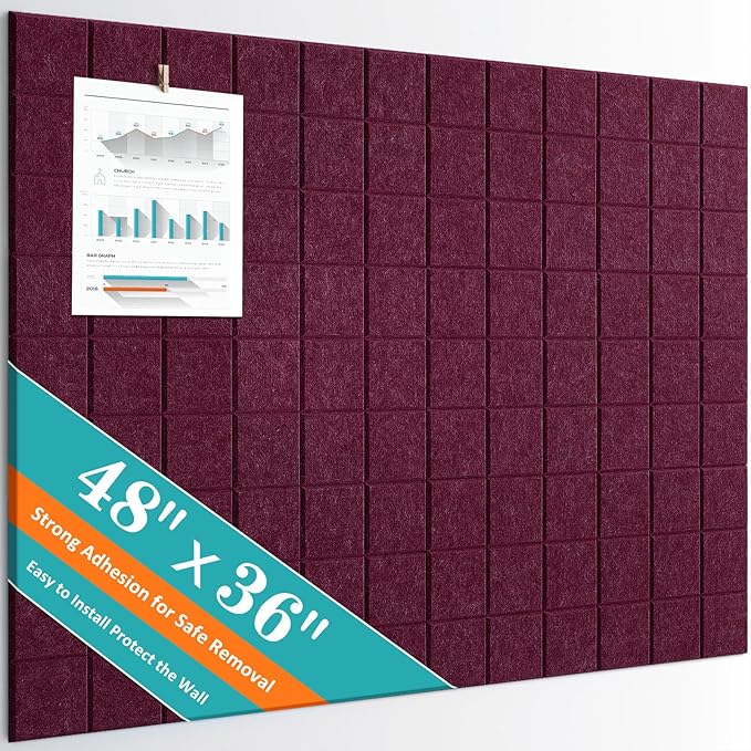 Large Cork Board, 12 Pack Felt Wall Tiles with Safe Removable Adhesive, Bulletin Board for Office, Pin Tack Corkboard for Quilting Design & Dart Wall Protector 48" x 36" - Fuchsia