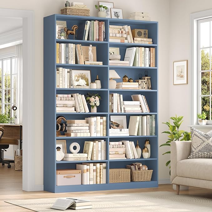 FACBOTALL 83.6" Tall Bookshelf and Bookcase, 7-Tier Extra Large Bookshelf with Double Storage, 14 Open Display Shelves for Home Office, Study and Living Room, Blue