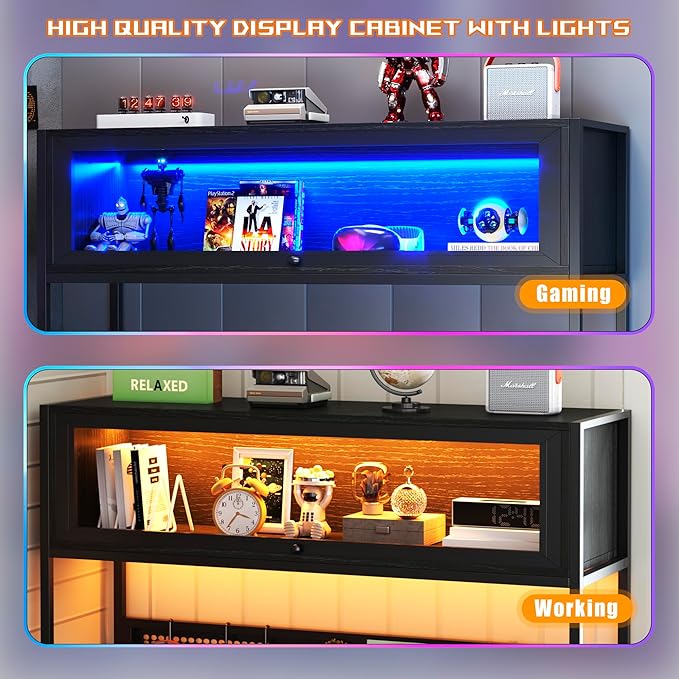 L Shaped Gaming Desk with Power Outlets & LED Lights, 39'' Small Reversible Computer Desk with Hutch & Pegboard & Display Cabinet, Corner Home Office Desk with Keyboard Tray & Storage Bag, Black