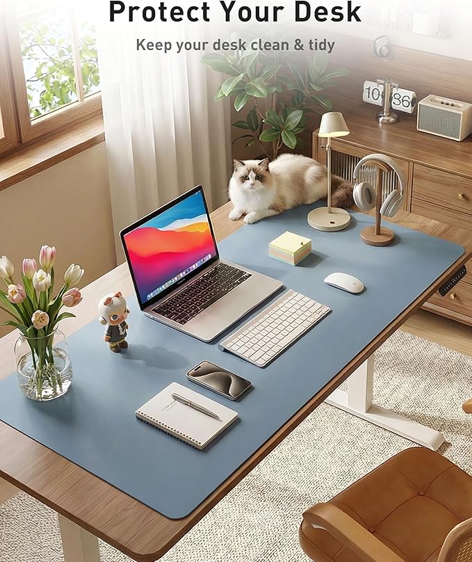 Aothia Faux Leather Desk Mat - Large Mouse Pad, Non-Slip PU Leather Blotter, Waterproof Writing Surface for Office and Home (Denim Blue, 63" x 17")