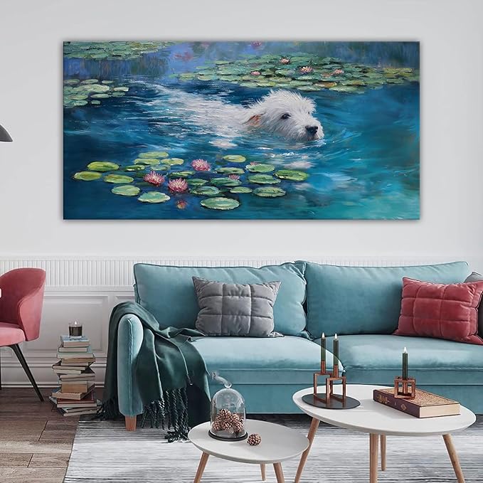 Dog Monet Wall Art with - Large Canvas Wall Art for Bedroom - Framed Landscape Pictures Decor - Classic Vintage Artwork for Living Room, Bedroom, or Office Paintings Wall Decor 29×58IN