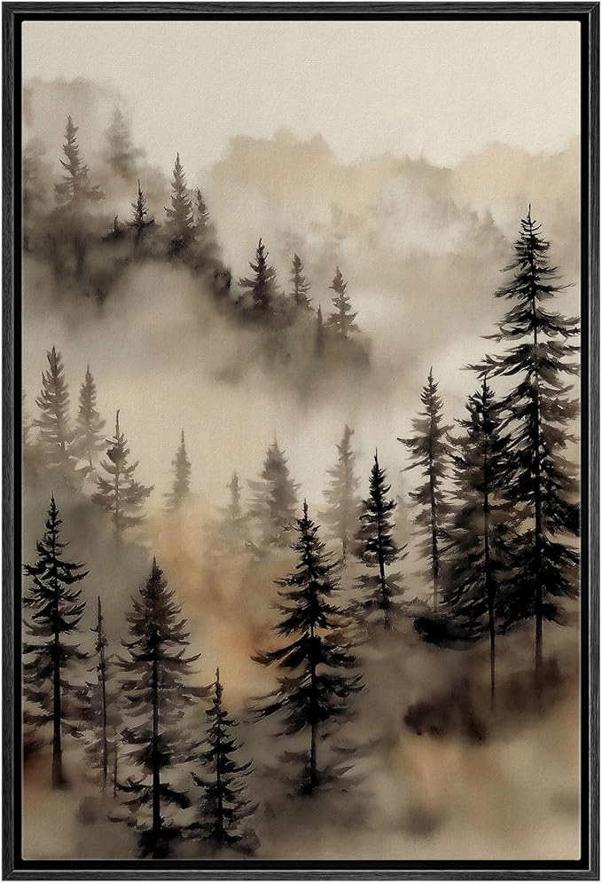 MUDECOR Framed Canvas Print Wall Art Misty Forest Landscape Watercolor Illustrations Minimalism Decorative Relax Colorful for Living Room, Bedroom, Office - 24"x36" Black