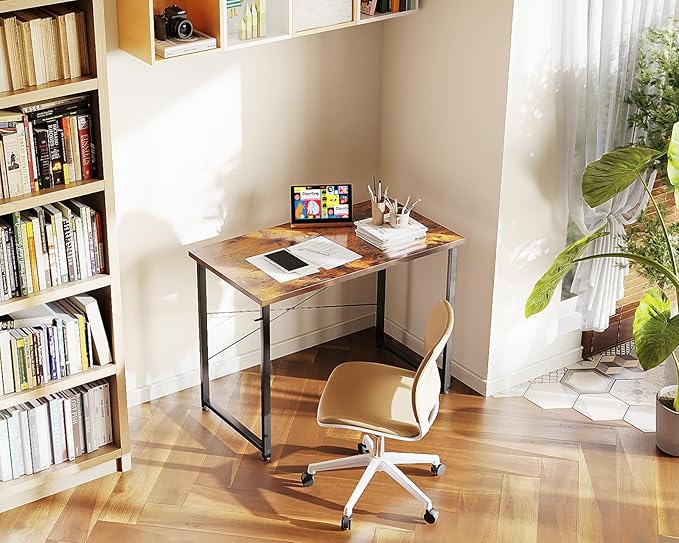 Casaottima 32 Inch Small Computer Desk for Home Office, Study Writing Table for Small Spaces, Simple Modern Desk with Headphone Hooks, Rustic Brown