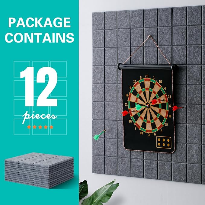 Large Cork Board, 12 Pack Felt Wall Tiles with Safe Removable Adhesive, Bulletin Board for Office, Pin Tack Corkboard for Quilting Design & Dart Wall Protector 48" x 36" - Drak Grey