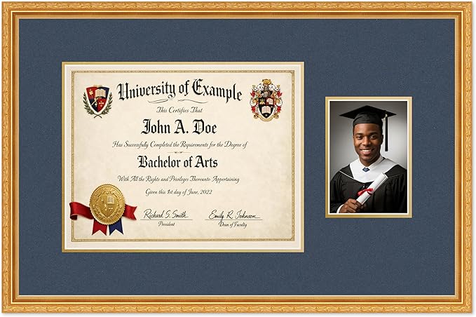 CountryArtHouse Fits 14 x 11 College Diploma (Modern) and 5 x 7 Photo Diploma and Photo Frame Museum Gold Genuine Hardwood with Navy Blue Over Metallic Gold Double mat