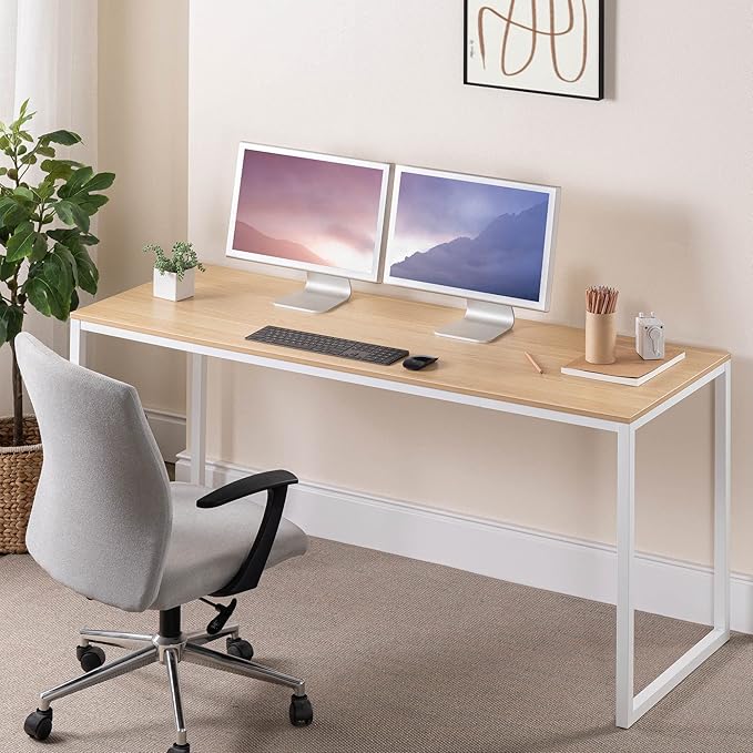 Zinus Jennifer 63 Inch White Frame Desk, Computer Workstation, Office Desk, Easy Assembly, Natural