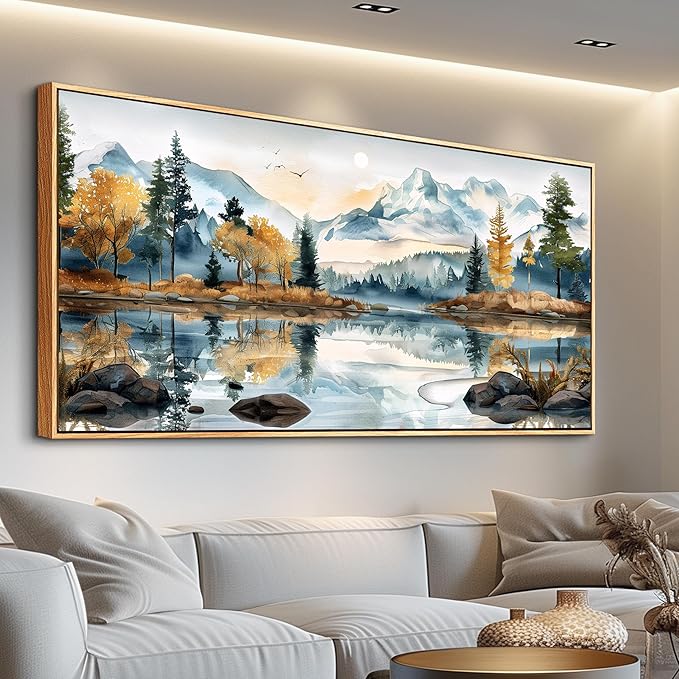 ERQINHUA Large Canvas Wall Art for Living Room Wall Decor for Bedroom Office Mural Abstract Watercolour Paint Tree Lakeside Landscapes Picture Artwork Home Decor Ready to Hang Wood Framed 24x48 In