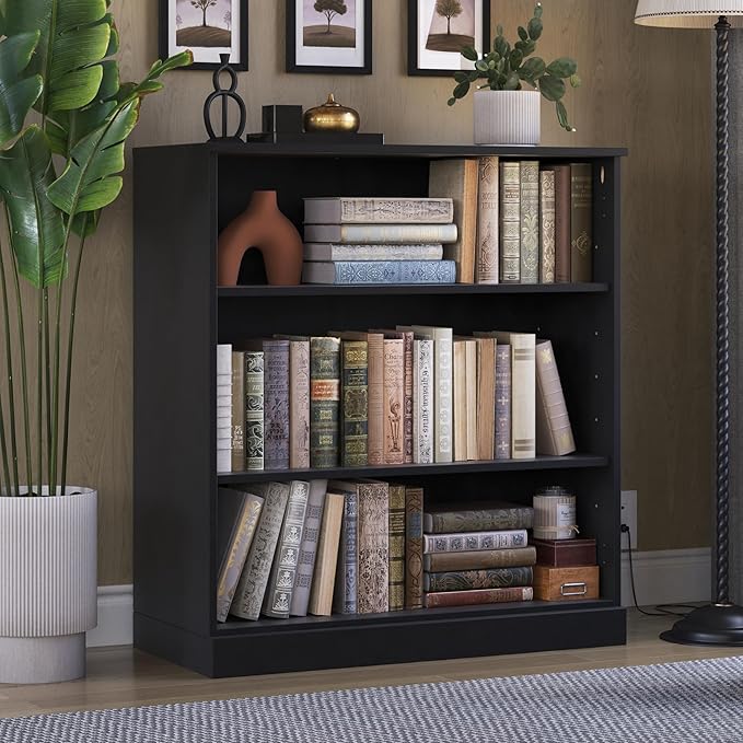 Palace Imports Solid Wood Bookshelf - 32” W x 36" H - 3 Shelf Bookcase - Black, Short Bookcase with Adjustable Shelves for Living Room Display Furniture, 100% Eco-Friendly Wood, Modular Cabinets