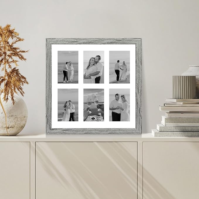 14x14 Picture Frame Set of 2, Grey with Glass Collage Frame, Display Photo Six Opening 4x6 With Mat or 14 x 14 Without Mat - Horizontal or Vertical Wall Mounting