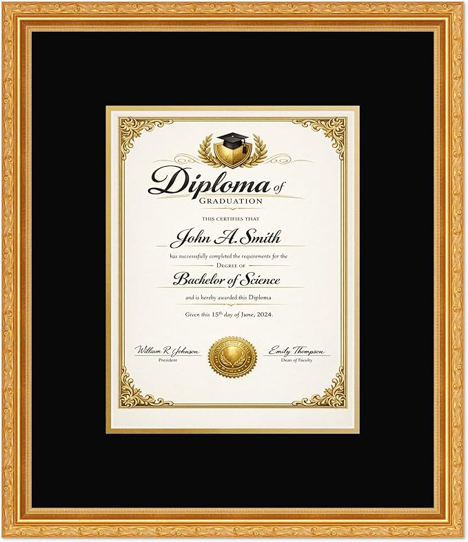 CountryArtHouse Diploma Frame Fits 8.5 x 11 Certificate (Portrait) - Keepsake Graduation Display Museum Gold Genuine Hardwood with Black Over Metallic Gold Double mat