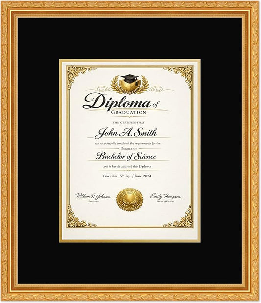 CountryArtHouse Diploma Frame Fits 8.5 x 11 Certificate (Portrait) - Keepsake Graduation Display Museum Gold Genuine Hardwood with Black Over Metallic Gold Double mat