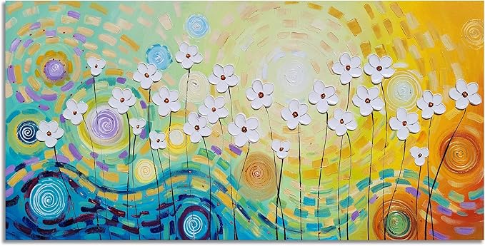 YHSKY ARTS White Flower Oil Paintings with Hand Painted Textured Modern Colorful Canvas Wall Art Contemporary Botanical Pictures Abstract Aesthetic Artwork for Living Room Bedroom Bathroom Decor