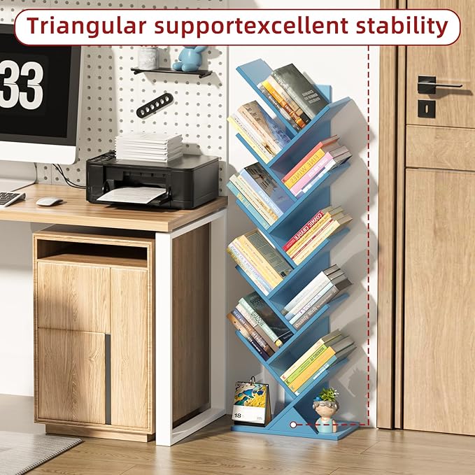 10 Tier Tree Book Shelf, Floor Standing Wood Bookshelf for Narrow Space, Storage Organizer Bookshelves for Books/CDs/Magazine, Bookcase with Shelves for Home Office, Living Room - Pure Blue