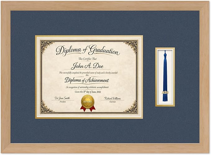 Diploma Frame with Tassel Holder Natural Wood Shadowbox Navy Blue Over Gold Mat - Fits 11 x 8.5 Degree Made in the USA