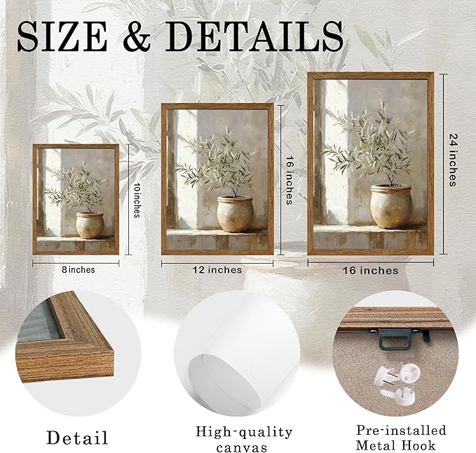 AVECCO Framed Vintage Olive Botanical Tree Canvas Wall Art, Rustic Farmhouse Wall Decor, Unique Plant Art Prints for Bathroom Bedroom Living Room Office Home Kitchen Decoration Ready to Hang 16x24 In